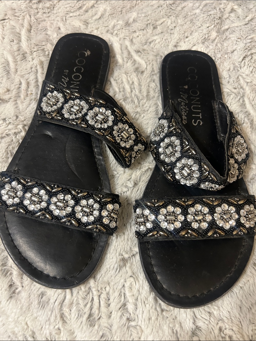 Coconuts by Matisse Black Jeweled Double-Strap Slide Sandals